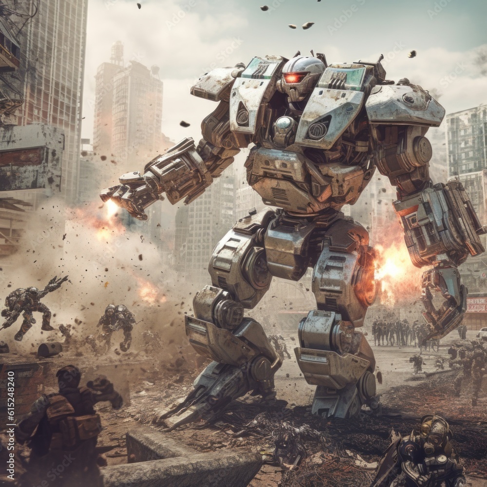 Aufkleber a giant robot standing on top of a pile of rubble. generative ai image.