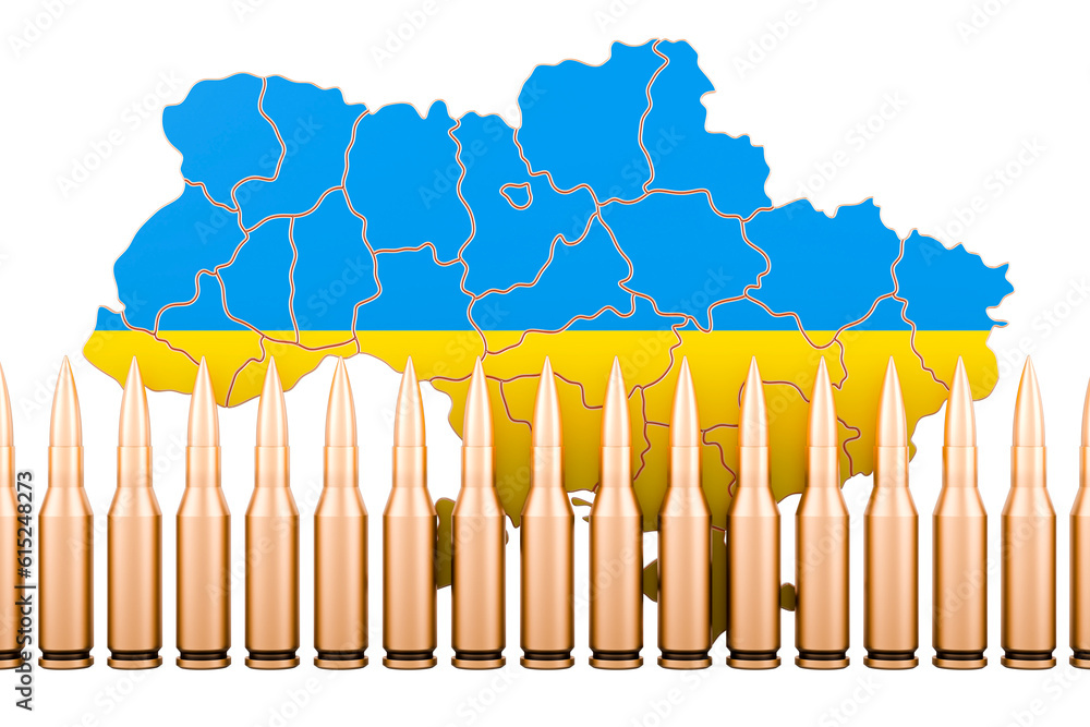 Poster ukrainian map with bullets, 3d rendering
