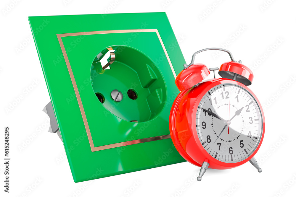 Poster electric socket with alarm clock, 3d rendering