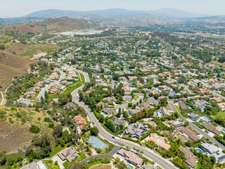Orange, California - June 17, 2023: aerial drone photo view toward Orange in Orange County...