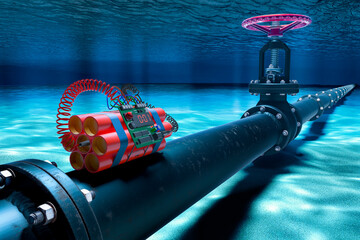 Pipeline lying with bomb on ocean bottom underwater. 3D rendering - obrazy, fototapety, plakaty