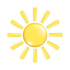 Hand drawn yellow realistic 3d Sun with rays. Decorative 3d design of weather forecast element, icon symbol, meteorology. Abstract vector illustration isolated on white background