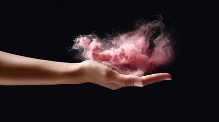 Obraz na płótnie Canvas Female arm and pink dust cloud on dark background