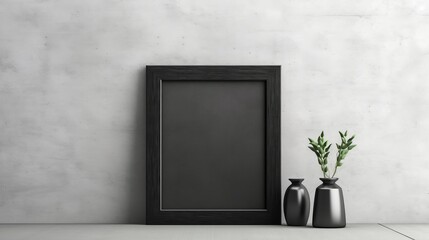 Front view blank black frame on grey concrete wall in modern loft gallery interior, mockup