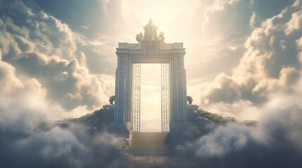 Illustration of a grand gate in the midst of a cloudy sky - obrazy, fototapety, plakaty