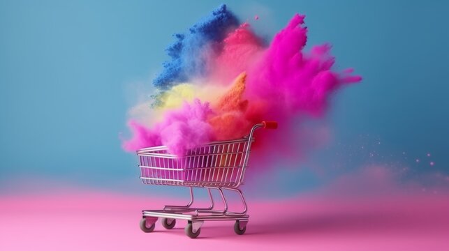 Explosion of colored powder on pink background with shopping cart