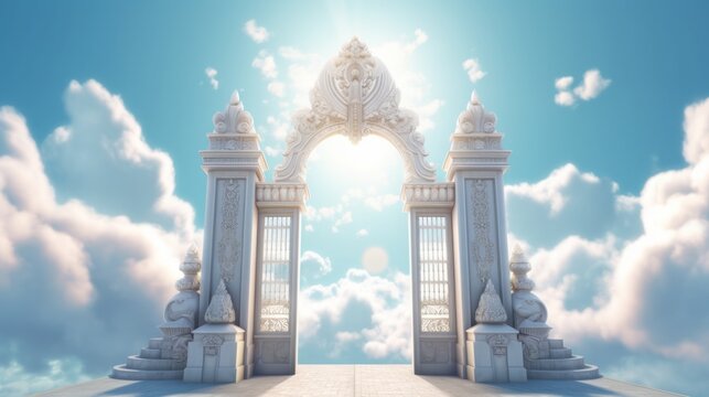 Illustration of a grand gate in the midst of a cloudy sky