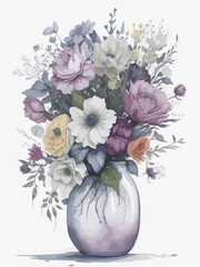 Watercolor bouqet with wild pink and white flowers in vase