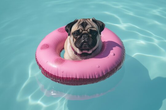 Cute pug dog floating in a swimming pool with a donut ring flotation,Generative ai	