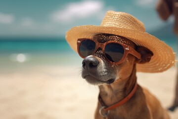 Dog dressed in a sunhat and sunglasses at the beach,Generative ai	
