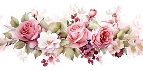 pink and white watercolor roses border Generative AI