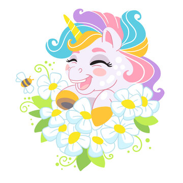 Cute cartoon character unicorn with a flowers vector