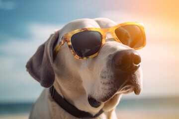 Obraz na płótnie Canvas Dog on the beach wearing sunglasses, tropical beach background,Generative ai