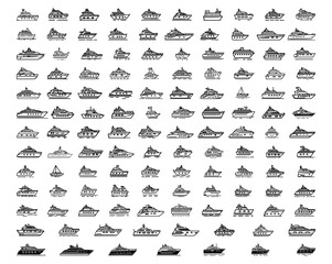 Yacht, icon set. yachts motor boats, linear icons. Boat Icon Vector Illustration. Thin line style vector. White background. eps 10