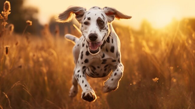 Beau dalmatien gros plan courant dans un champ de bl&eacute; avec un coucher de soleil paradisiaque.