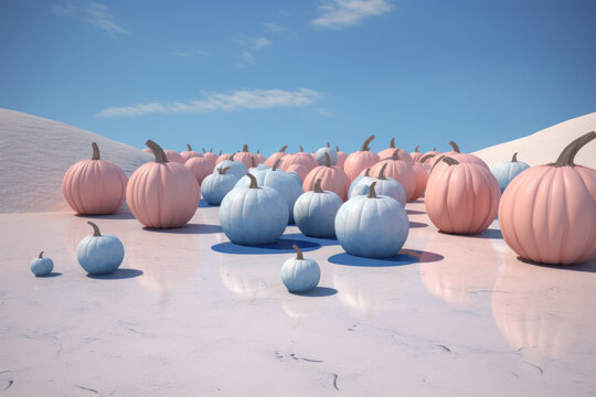 Halloween pumpkins standing in a white sand. Minimal surrealistic Thanksgiving concept.