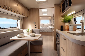 Home on Wheels: Spacious and Versatile Caravan Interior. Generative AI