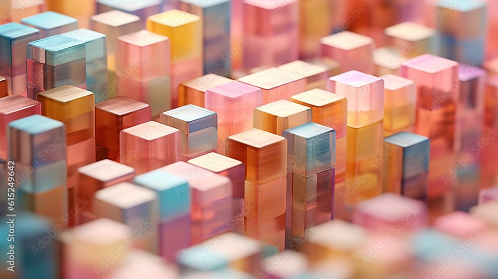 Poster a collection of multicolored cubes against a backdrop that is hazy.