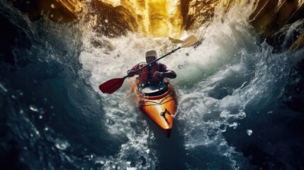 A man kayaking on a fast flowing river among large rocks. Generative AI