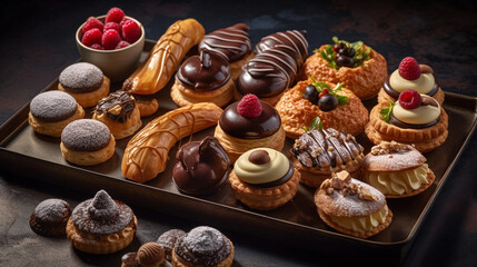 Fototapeta premium A tray of delectable bite-sized pastries, including mini tarts, eclairs, and cream puffs