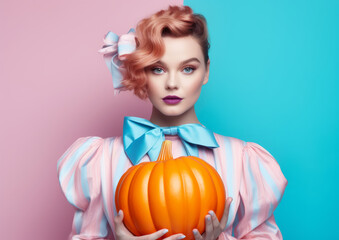 A beautiful woman holding a colorful pumpkin against pastel background. Minimal thanksgiving day fashion concept