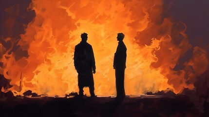 a picture of two guys braving the flames while standing together in front of a fire
