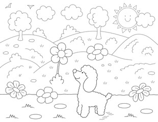 cute coloring page with garden flowers and a cartoon poodle. you can print it on 8.5x11 inch paper