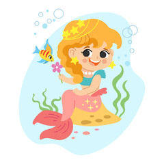 Cute cartoon pink tail mermaid with a fish vector illustration