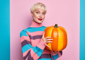 Fototapeta na wymiar A woman in a dress is holding a colorful pumpkin like a gift against pastel background. Minimal thanksgiving day concept