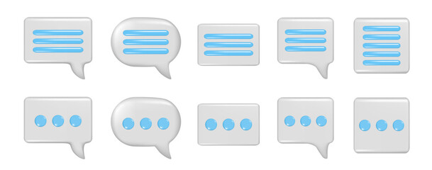 Realistic 3d speech bubble text, message box, chatting box with blue lines and dots. Decorative 3d element, chat dialogue icon, speak bubble symbol. Vector illustration isolated on white background