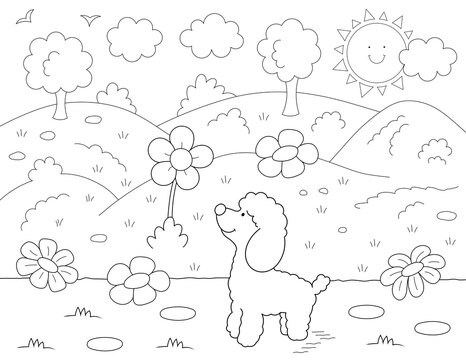 cute coloring page with garden flowers and a cartoon poodle. you can print it on 8.5x11 inch paper