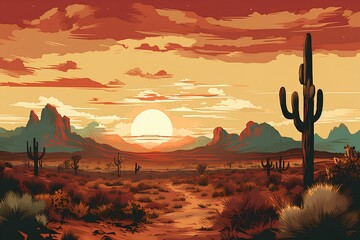 arizona sunset landscape vintage vector art. generative AI