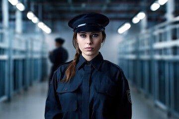Confident Caucasian Female Guard on Duty at State Penitentiary. Generative AI