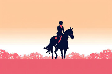 Equestrian event invitation banner with race track background, horse, rider silhouette, and rosettes. Perfect for equestrian event announcements.