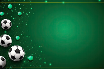 Soccer match invitation banner with green field background, soccer ball, goal net, and team badges. Suitable for soccer event promotion.