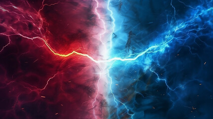 Powerful colored lightnings and the flash from the collision, generative ai tools  - obrazy, fototapety, plakaty