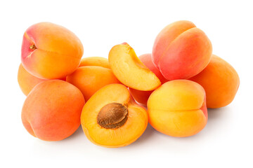 Heap of ripe apricots isolated on white background