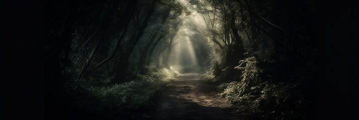 a dark forest with a path leading to a light at the end, Generative AI