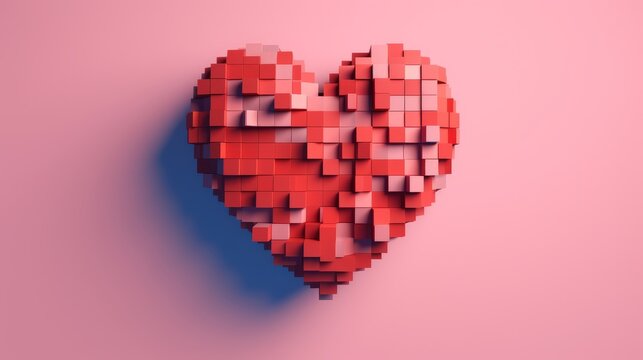 Red heart pixel art style isolated on pink background