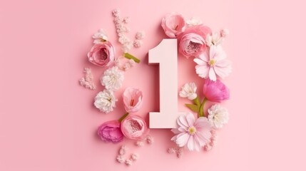 Illustration of a creative number 1, one, with spring flowers on a pink background