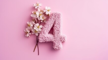 Illustration of a creative number 4, four, with spring flowers on a pink background