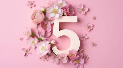 Illustration of a creative number 5, five, with spring flowers on a pink background