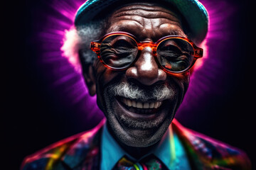 portrait of older African man in glasses and hat with kind facial expression. generative AI
