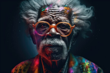 portrait of older grizzled African man in glasses with emotional face. generative AI