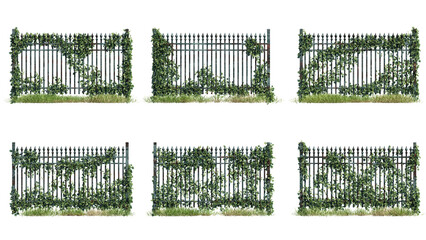 Set of metal fences with ivy, photorealistic 3D rendering with transparent background, perfect for...