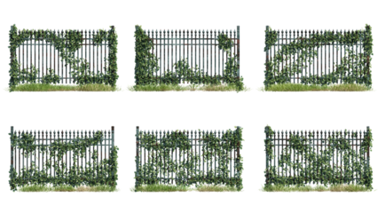 Set of metal fences with ivy, photorealistic 3D rendering with transparent background, perfect for the foreground, digital composition, and architecture visualization
