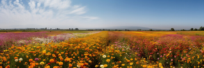 Colorful flower field panorama, Generative AI