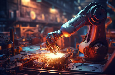 Robotic arm working in dangerous action, foundry industrial site - obrazy, fototapety, plakaty