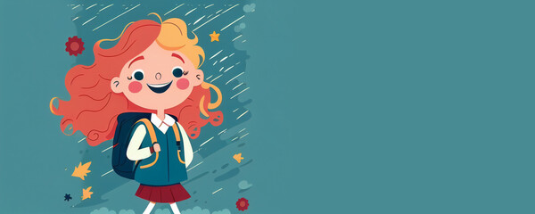 Naklejka premium Girl smiling back to school character, caucasian, banner with copy space