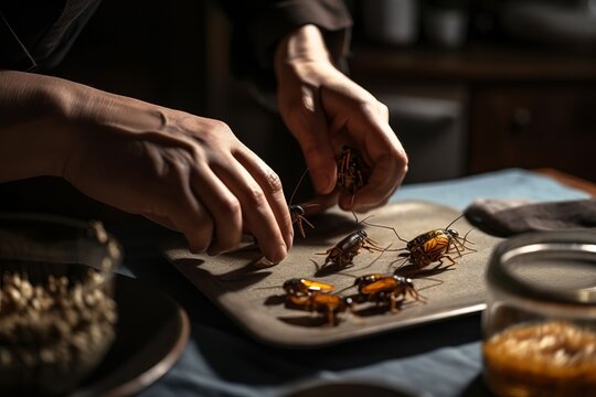 Crop anonymous chef preparing food using different insects and bugs on rustic wooden table. Cooking bug concept, generative ai image